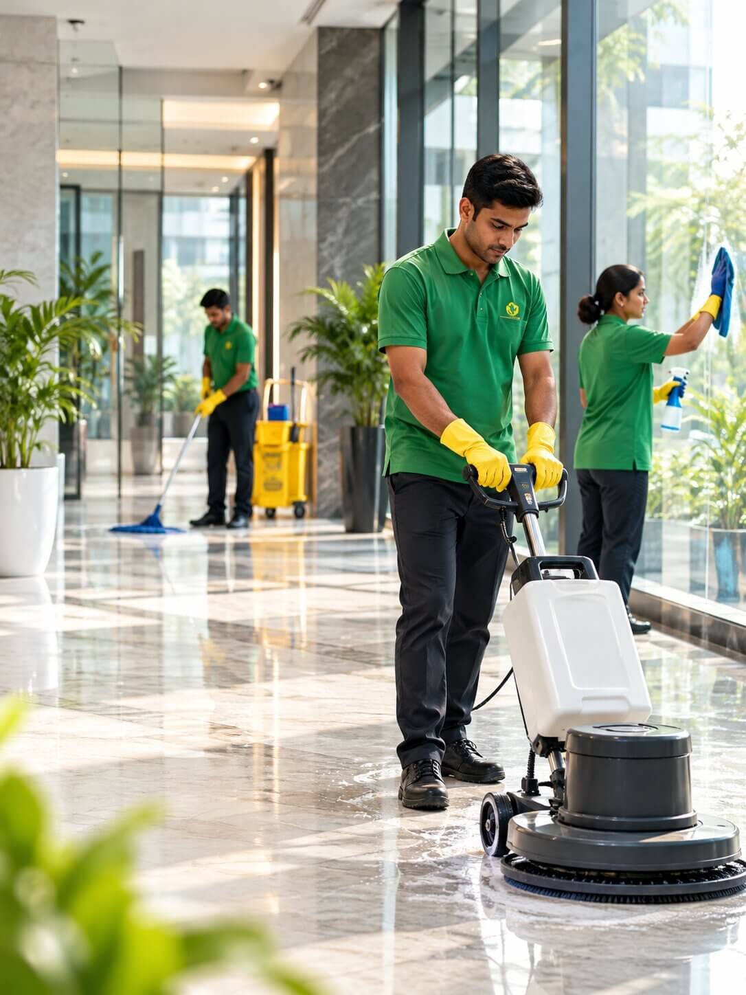 Professional cleaning team maintaining a modern office lobby